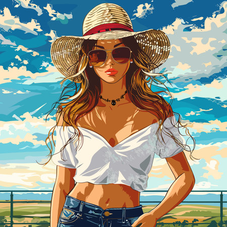 A woman wearing a straw hat and sunglasses is standing in front of a fence. The sky is blue and there are clouds in the backgroundのイラスト素材