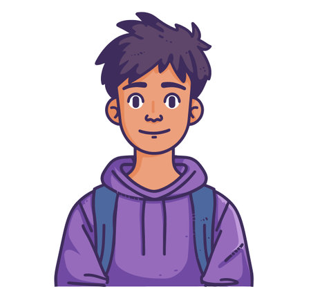 Young man with a purple hoodie and backpack is smiling. He looks happy and content. Concept of youthfulness and carefree spiritのイラスト素材