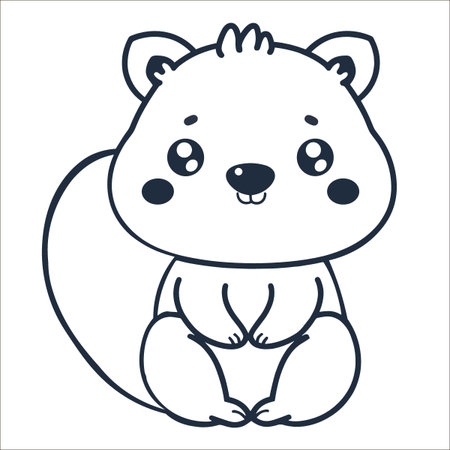 Cute cartoon squirrel is sitting on a white background. The squirrel has a big smile on its face and its eyes are closedのイラスト素材