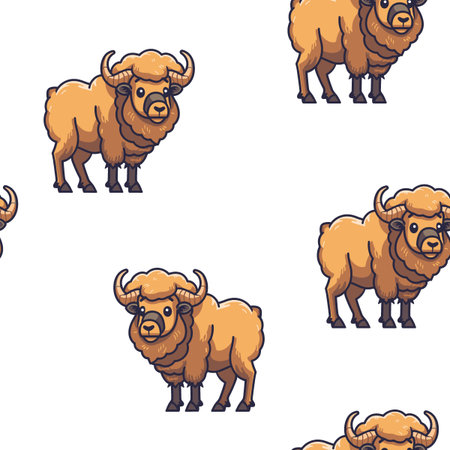 Cartoon of a brown buffalo with horns stands in a field of white. The buffalo is the main focus of the image, and it is the only animal in the scene. The white background creates a sense of contrastのイラスト素材