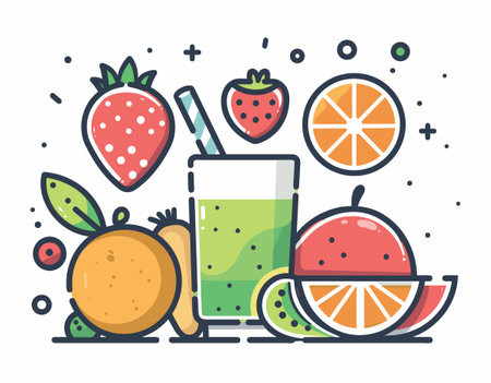 Cartoon drawing of a glass of juice with a straw and a bunch of fruit including oranges, strawberries, and carrotsのイラスト素材
