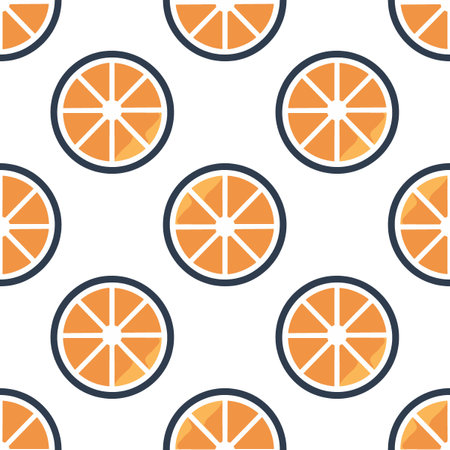 Pattern of orange slices is shown in a white background. The slices are arranged in a circular pattern, with each slice having a blue outline. Scene is cheerful and brightのイラスト素材