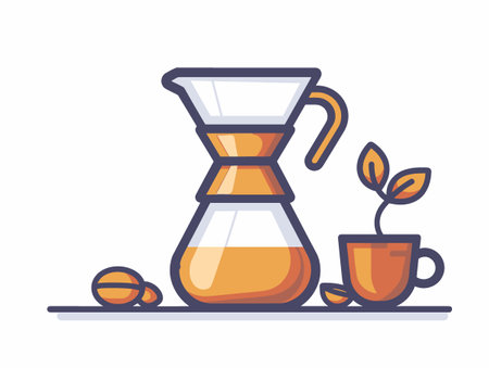 Coffee pot with a plant in it sits on a table next to a cup. The coffee pot is orange and has a handle. Concept of warmth and comfortのイラスト素材