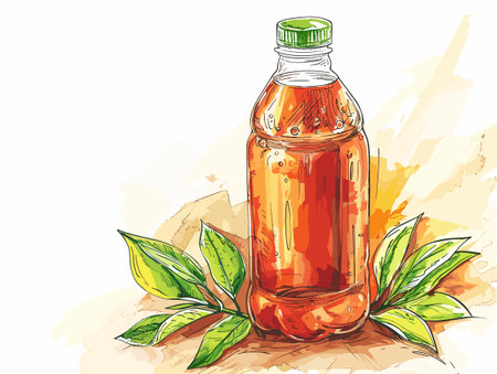 Bottle of juice is on a table with a leaf next to it. The juice is in a clear bottle with a green lidのイラスト素材