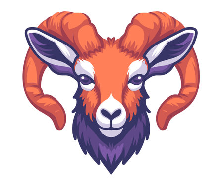 Cartoon ram with a purple and orange mane. The ram has a big orange horn on its headのイラスト素材