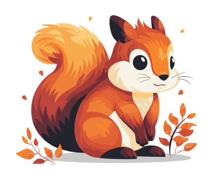Cute little squirrel with a big smile on its face. It is sitting on a leafy branch and looking at the cameraのイラスト素材