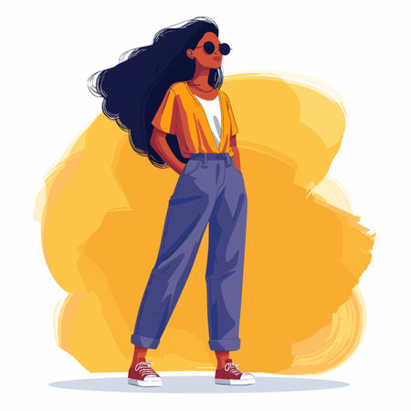 Woman in a yellow shirt and blue jeans stands in front of a yellow background. She is wearing sunglasses and has her hands on her hipsのイラスト素材