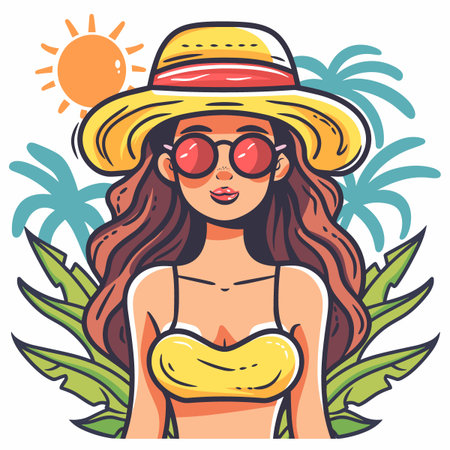 Vector illustration of a beautiful girl in a hat and sunglasses on the beach.