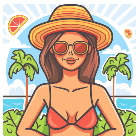 Vector illustration of a girl in a hat and sunglasses on the beach.