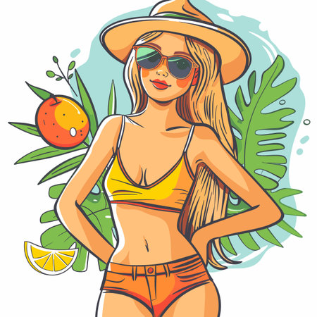 Beautiful girl in bikini and hat on the beach. Vector illustration.のイラスト素材