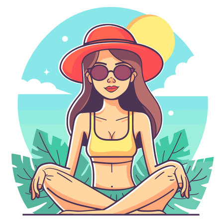 Beautiful girl in a hat and sunglasses sitting on the beach. Vector illustration.のイラスト素材