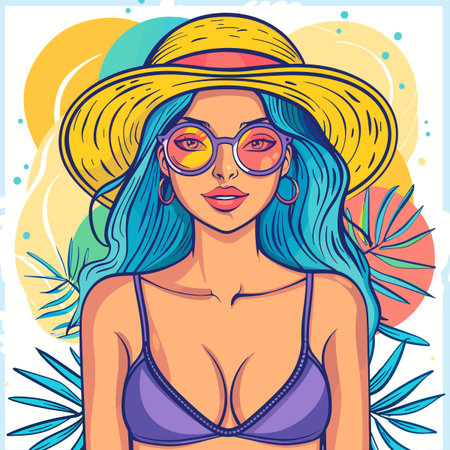 Beautiful young woman in bikini and hat. Vector illustration in pop art style.のイラスト素材