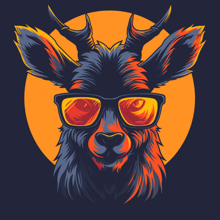 Cartoonish drawing of a deer wearing sunglasses. The deer's eyes are open and the sunglasses are on its face. Scene is playful and lightheartedのイラスト素材