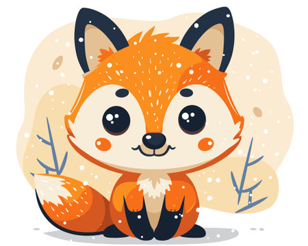 Cute cartoon fox sitting on the snow. Vector illustration of a little fox.のイラスト素材