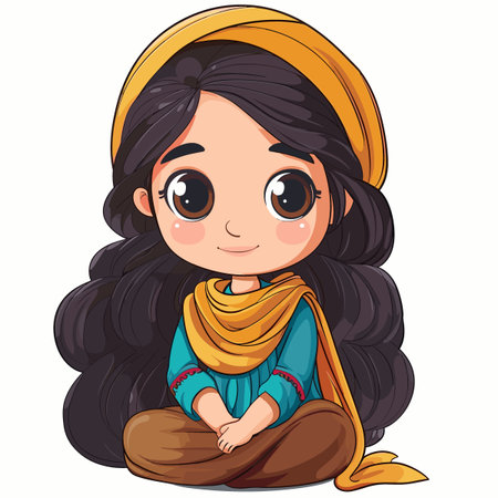 Vector illustration of Cute Little Indian Girl with long black hair.のイラスト素材