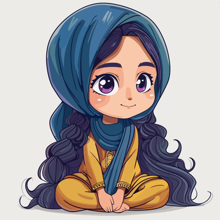 Cute little girl with a blue turban. Vector illustration.