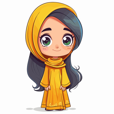 Cute little Muslim girl in yellow traditional clothes. Vector illustration.のイラスト素材