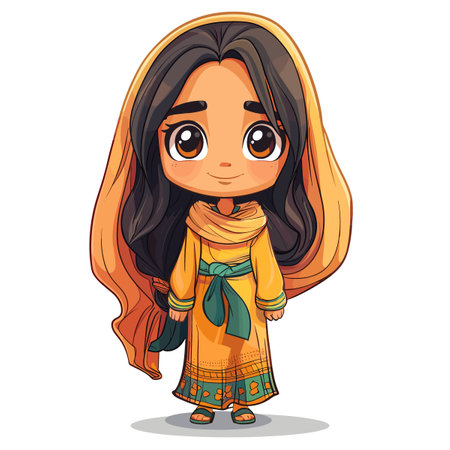 Cute little Indian girl in traditional costume. Vector cartoon illustration.のイラスト素材