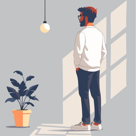 Young man standing in the office and looking at the window. Vector illustrationのイラスト素材