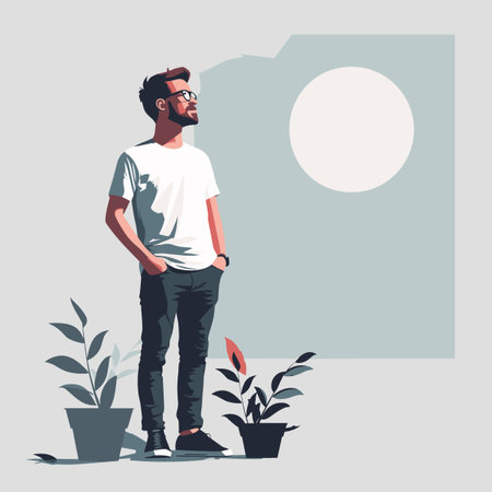 Young hipster man standing in front of a big window. Vector illustration.のイラスト素材