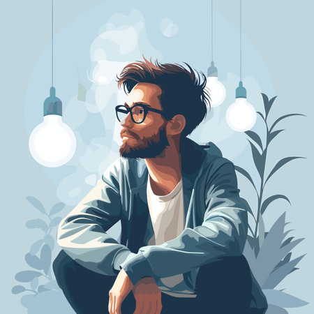 Hipster young man sitting in a chair. Vector illustration.のイラスト素材