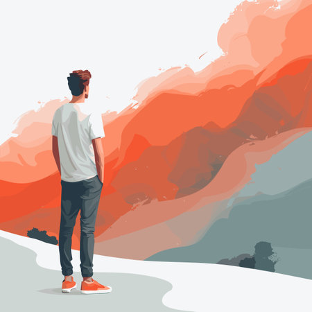 Hipster young man in casual clothes standing on the hill, vector illustrationのイラスト素材