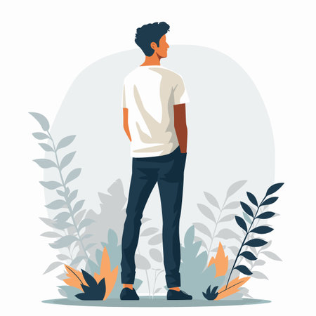 Young man in casual clothes standing in front of plants. Flat vector illustration.のイラスト素材