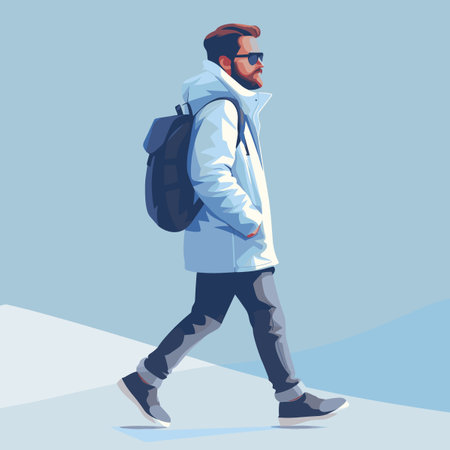 Hipster man walking with backpack. Vector illustration in cartoon styleのイラスト素材