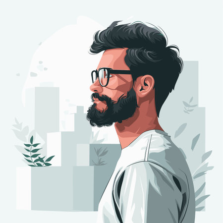 Portrait of a young man with a beard and glasses. Vector illustration.のイラスト素材