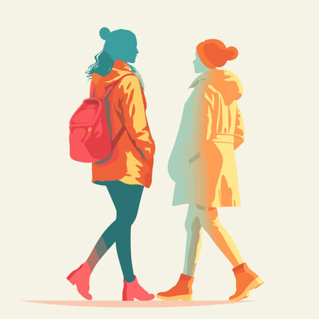 Vector illustration of two girls in yellow coats walking in the city.のイラスト素材