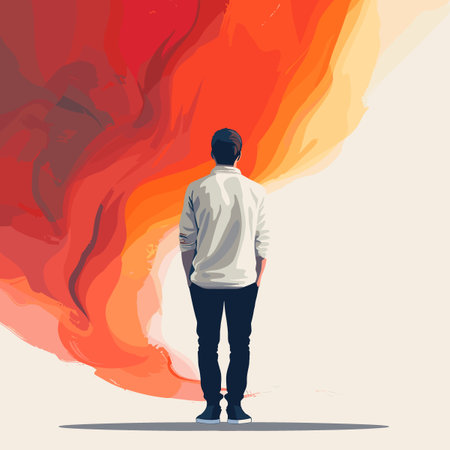 Man in a white hoodie on a background of fire. Vector illustrationのイラスト素材