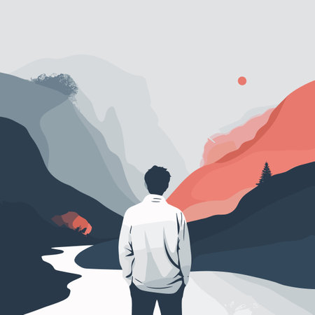 Man looking at the mountain landscape. Vector illustration in flat style.のイラスト素材