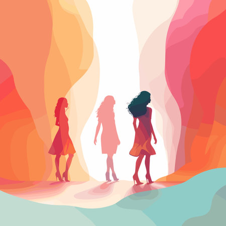 Illustration of girls silhouettes on a background of red and orange wavesのイラスト素材