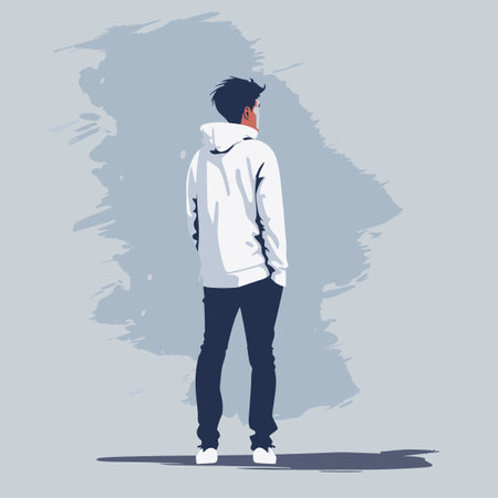Young man in hoodie standing and looking down. Vector illustration.
