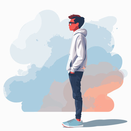 Young man in casual clothes and sunglasses standing on the background of the clouds. Vector...