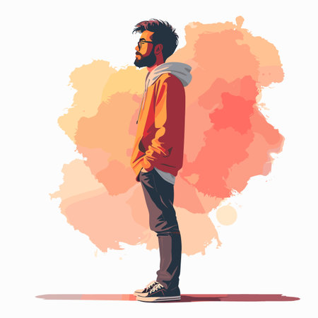 Stylish hipster man standing on colorful watercolor background. Vector illustration.のイラスト素材