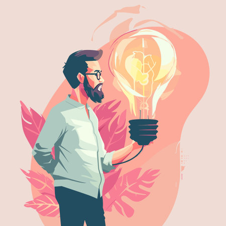 A man with a beard holds a light bulb in his hands. Vector illustration.のイラスト素材