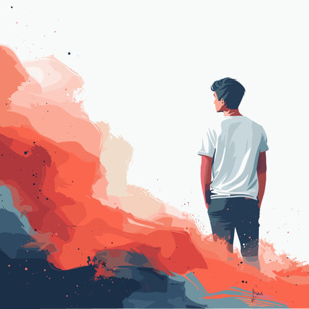 Vector illustration of a young man standing on the watercolor background.のイラスト素材