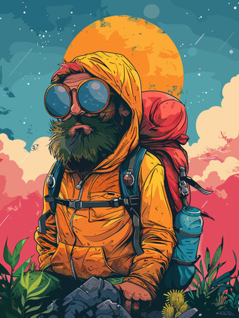 Vector illustration of a hipster traveler with a backpack on his back.のイラスト素材