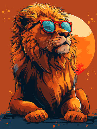 Lion in sunglasses on a background of the moon. Vector illustrationのイラスト素材
