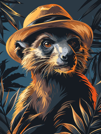 Vector illustration of a lemur in a hat with palm leaves.のイラスト素材