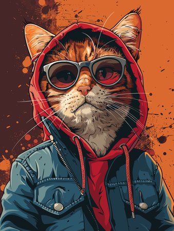 Vector illustration of a cat wearing a hooded jacket and sunglasses.のイラスト素材