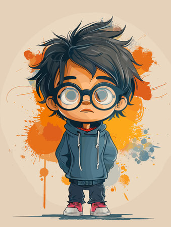 Cute little boy in glasses and jacket. Cartoon vector illustration.のイラスト素材