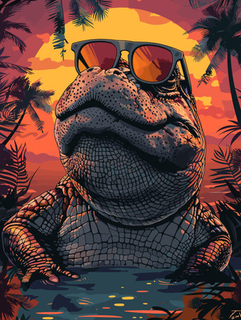 Crocodile with sunglasses in the jungle. Vector illustration.のイラスト素材