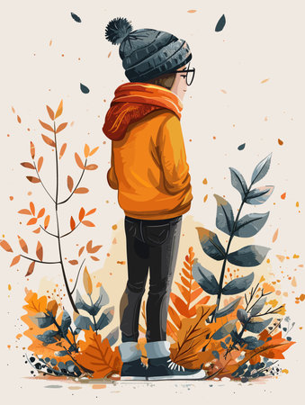 Autumn vector illustration with a boy in a jacket, hat and scarfのイラスト素材