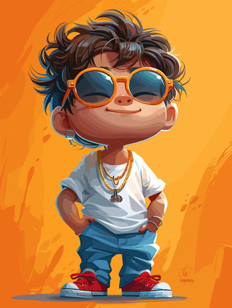 Cute little boy with sunglasses on orange background. Vector illustration.のイラスト素材