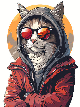 Vector illustration of a cat in a red jacket, sunglasses and hood.のイラスト素材