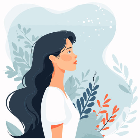 Vector illustration of a beautiful girl with long hair and green leaves.のイラスト素材
