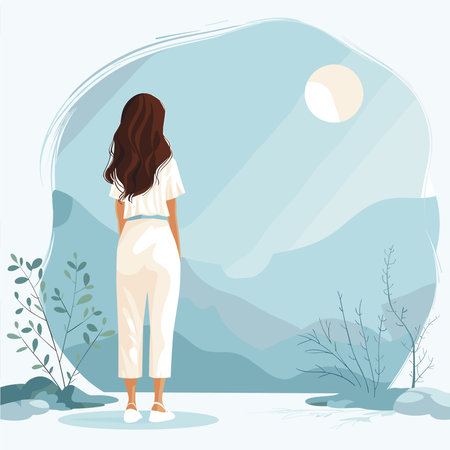 Vector illustration of a girl in a pajamas standing on the background of the mountains.のイラスト素材