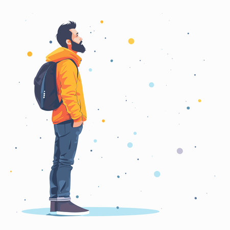 Hipster man in orange jacket with backpack. Vector illustration.のイラスト素材